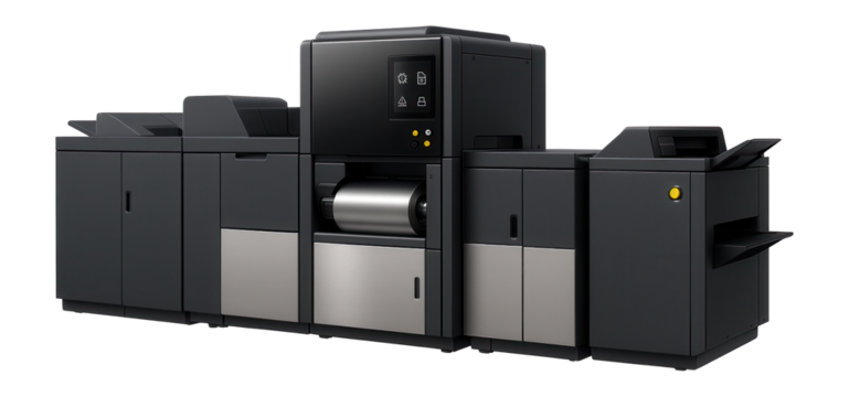 High-volume printing line with digital presses for commercial printing services.