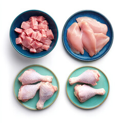 Aerial view of raw chicken pieces including diced breast and drumsticks on colorful plates and bowls