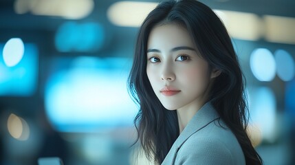 A young woman with dark hair and subtle makeup gazes directly at the camera, set against a blurred city backdrop