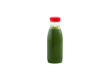 a bottle of green juice with a red lid
