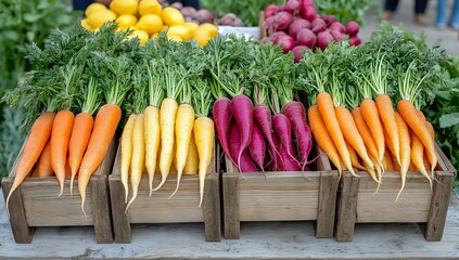 Fresh organic rainbow carrots in wooden crates at farmers market display with orange, yellow and purple varieties, green tops attached, alongside citrus.