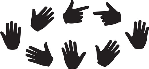Fototapeta premium Black hand silhouettes in various gestures on a white background including pointing and open palms