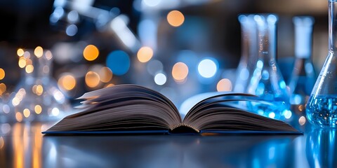 Open book with blurred laboratory glassware and blue bokeh lights in background, creating magical academic atmosphere for education and research concepts.