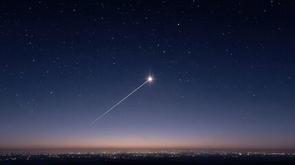  A bright star illuminates the night sky over a cityscape, casting a distant glow on a nearby star