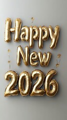 Golden foil balloon letters spelling Happy New 2026 with sparkle decorations on gray background, festive celebration typography for holiday greeting cards.