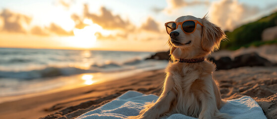 golden retriever wearing sunglasses sitting on beach background for summer