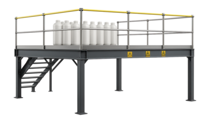 Industrial mezzanine with fire-rated flooring and perimeter safety barriers for a chemical storage area