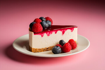 Decadent Cheesecake Slice with Fresh Berries on Pink Plate
