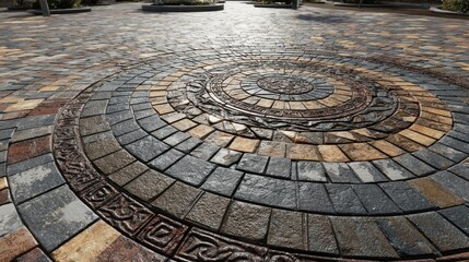 Intricate circular pattern of textured stone paving.