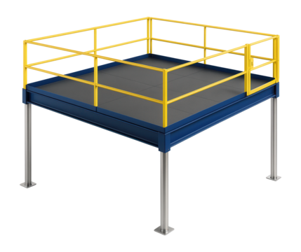 Modular mezzanine floor system with steel supports for additional workspace in a factory.