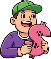 Boy holding large pink dollar sign with happy expression wearing green cap and purple shirt vector illustration 