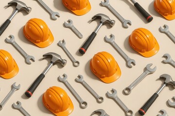 Hard Hat and Tools Pattern Background Vector in Yellow Industrial Theme