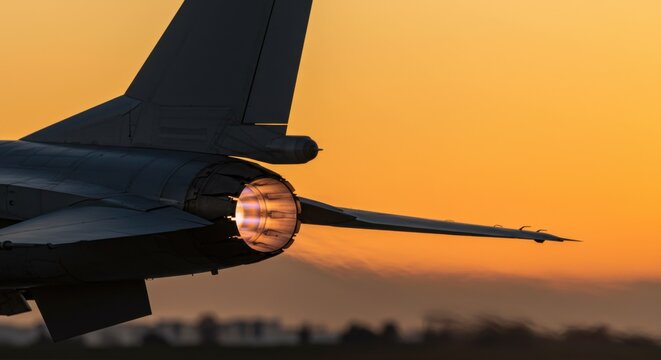 Afterburner glow of a jet aircraft engine on a tarmac against an orange sunrise sky. Military aviation and power concept.