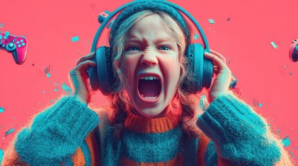 A joyful young girl wearing headphones exuberantly plays a video game, reflecting the modern culture of gaming and the emotional highs that come with it in her vivid surroundings.