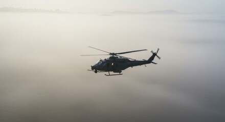 Fototapeta premium Military helicopter flying above dense fog at sunrise. Aerial view of a rescue aircraft in the air over mountain landscape.