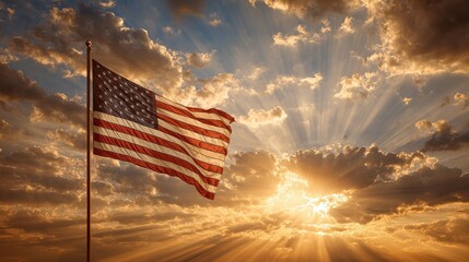 The American flag waves proudly against a stunning golden sunset, with dramatic clouds and sun rays creating a patriotic and inspiring scene.