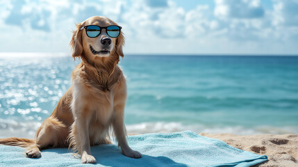 golden retriever wearing sunglasses sitting on beach background for summer