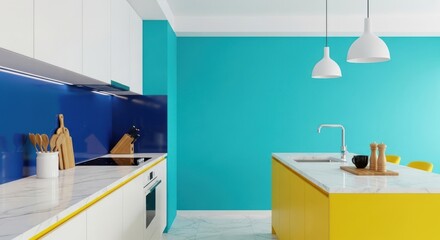 Vibrant kitchen interior showcases a modern design with white cabinets, a yellow island, and a striking turquoise wall, creating a bright and inviting culinary space.