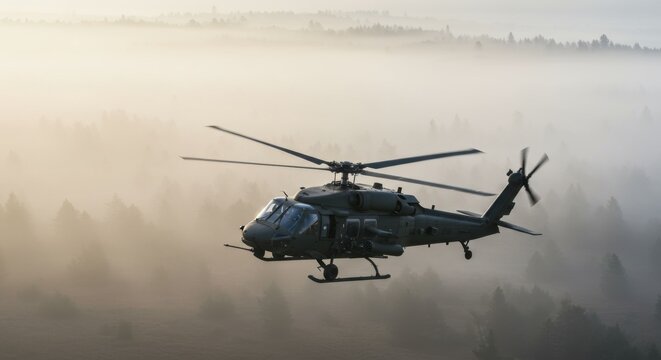 Military helicopter flying above a foggy forest during sunrise. Aerial view of a blackhawk helicopter performing surveillance. For military concepts.