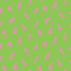 School numbers seamless pattern, simple back to school paper,  kids room wallpaper, pink on green background