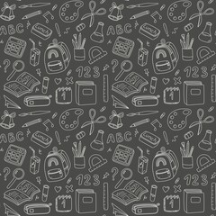 Cartoon outline back to school supplies seamless pattern, hand draw line art school tools, white and grey background