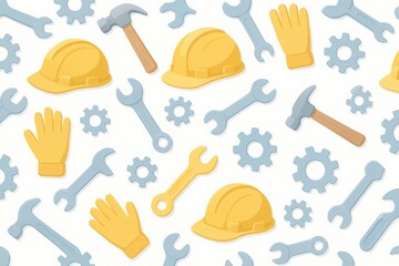 Labor Day Seamless Pattern Hardhat Gloves Tools Flat Background Vector Design