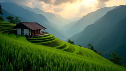 Obraz premium Scenic Mountain View A Peaceful Retreat on Lush Rice Terraces Surrounded by Majestic Mountains and a Bright, Cloudy Sky