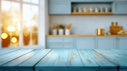 blue Empty wooden table with the bright white interior minimal of the kitchen as a blurred background behind the bokeh golden sunshine