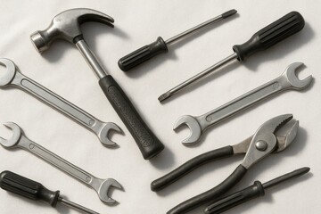 Monochrome Toolset Top View Isolated on White Background with Wrench Pliers