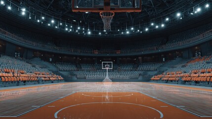 A hoop in a basketball arena.