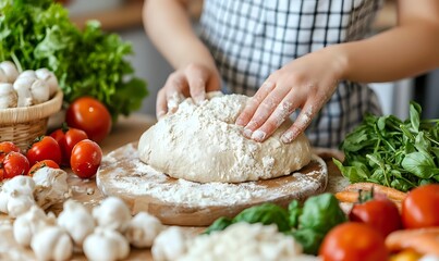 Female hands kneading fresh dough on wooden board surrounded by fresh ingredients including tomatoes, mushrooms and herbs in home kitchen setting.