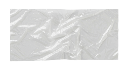 A clear, translucent, crumpled plastic texture thin film with sharp wrinkles and reflective highlights, appearing almost white, isolated against a pristine transparent studio background with bright,