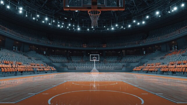 A hoop in a basketball arena.