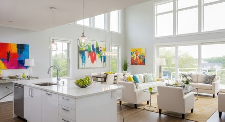 Bright and airy open concept living space showcases a modern kitchen island, dining area, and a comfortable living room with large windows offering scenic outdoor views.