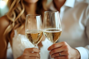 Romantic couple toasting with champagne glasses at wedding celebration, close-up view of sparkling wine and elegant stemware in soft natural light.
