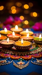 Colorful diyas, ornate rangoli, warm glow