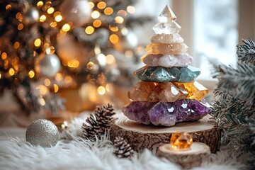 Stacked healing crystals forming Christmas tree shape with pine cones, candle light and bokeh background. Festive spiritual winter holiday decor on wooden slice.