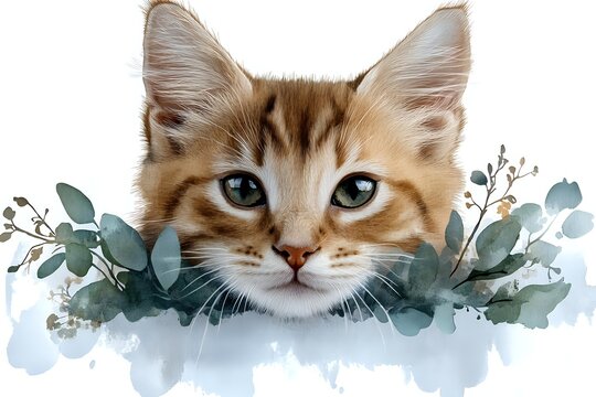 Adorable ginger cat portrait with blue eyes peeking through eucalyptus leaves and watercolor splashes, artistic composition for greeting cards and wall art decoration. - Powered by Adobe