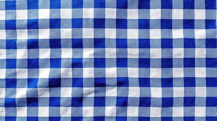 Blue white checkered picnic tablecloth as background, top view