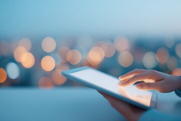 close-up of coworking member hands using touchscreen tablet while seated at communal desk with city view out of focus