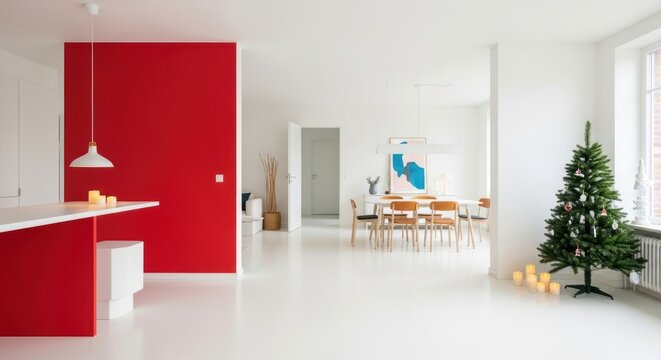 Bright and airy living space features a Christmas tree adorned with ornaments, a dining table with chairs, and a vibrant red accent wall, creating a modern holiday interior.