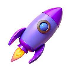 Cartoon purple rocket launching with fiery exhaust on white background