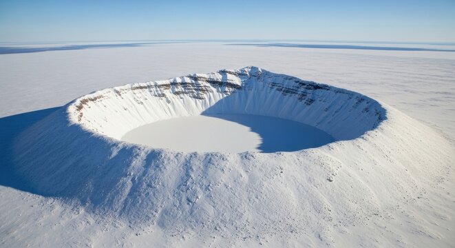 Snowcovered meteor crater with a frozen lake in winter