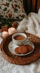 Cozy autumn flat lay with coffee, cookies, and candles creating a warm atmosphere perfect for chilly evenings