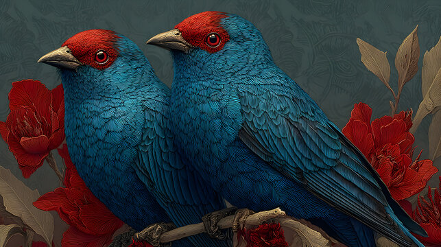 Two blue birds with red beaks and red eyes