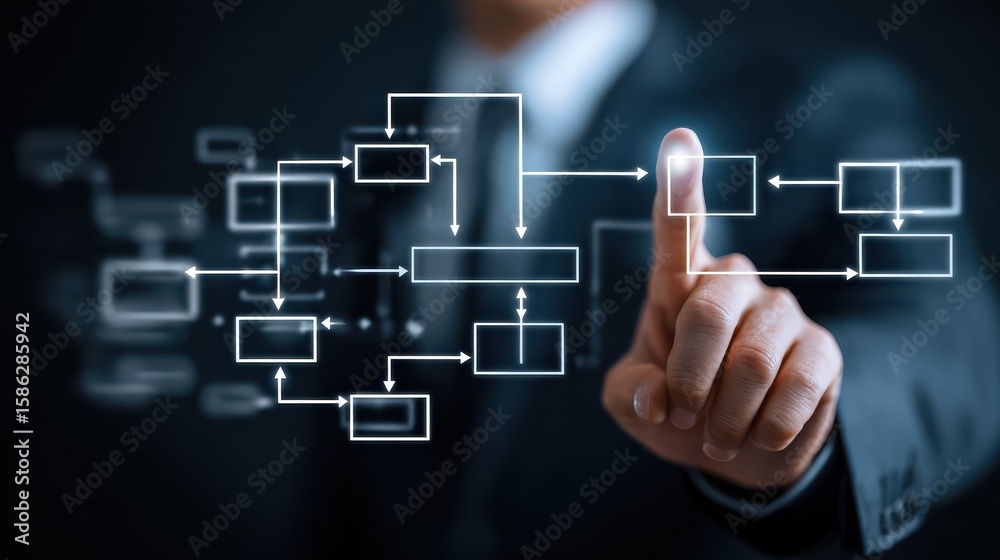Poster businessman points flowchart processing management. scheme of hierarchy management with business pro