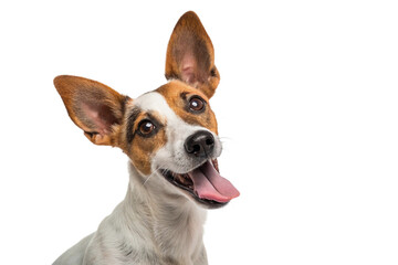 Jack Russell Terrier dog with big ears and open mouth tilting head playfully in studio on white background, full of energy and happiness