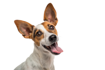 Jack Russell Terrier dog with big ears and open mouth tilting head playfully in studio on white background, full of energy and happiness