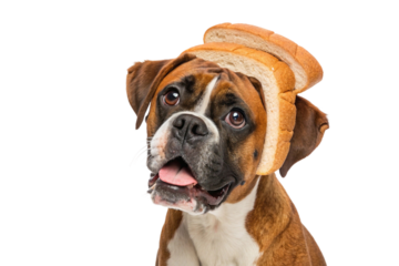 Curious boxer puppy looking sideways with tilted head. White background studio portrait.