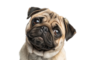 Close-up of cute fawn Pug dog with wrinkled face and tilted head, showing curious expression on white background
